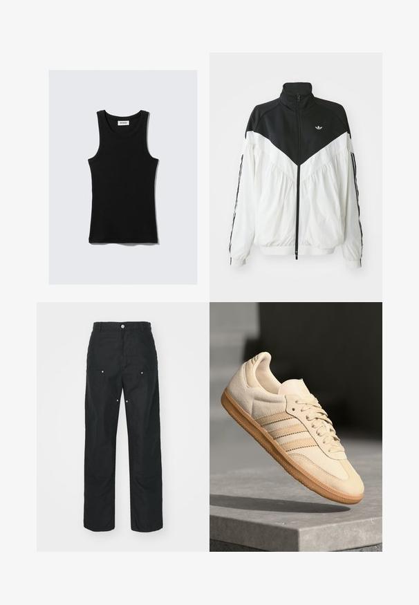 White and black zip-up jacket with a high collar, featuring a chevron design, elastic cuffs, and side stripes. Lightweight fabric, sporty style.; Black cotton tank top with a rounded neckline, wide shoulder straps, and a fitted silhouette. Features the brand label in white.; Black trousers with a straight-leg design, made of a textured fabric. Features decorative silver hardware and unique seam detailing.; Light beige suede sneaker with gum outsole, three diagonal stripes, and a textured toe cap. Features logo on the tongue and side.