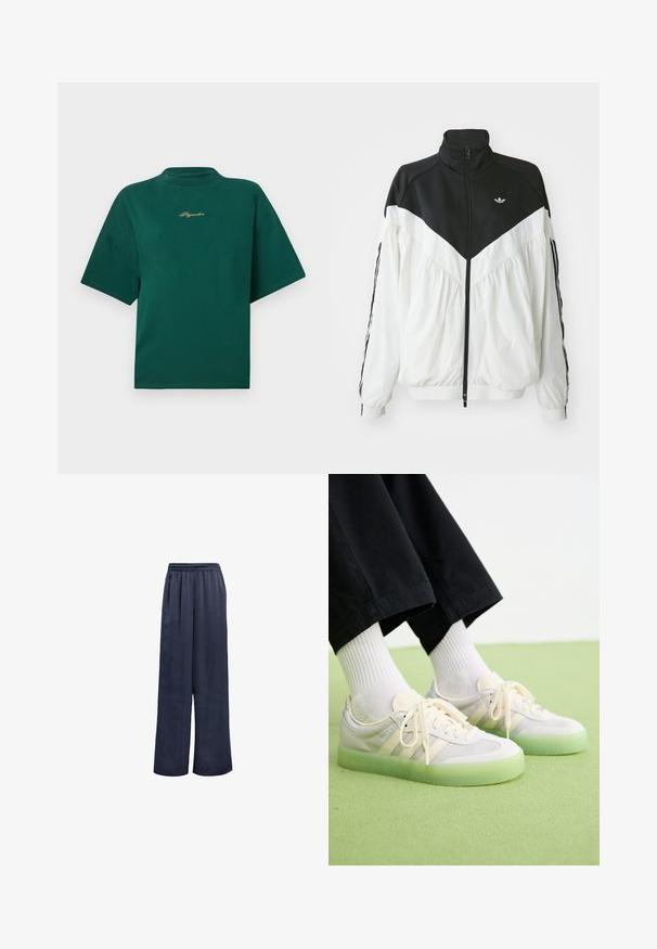 Bílá a černá bunda na zip s vysokým límcem, zdobená chevronovým vzorem, elastickými manžetami a postranními pruhy. Lehká tkanina, sportovní styl.; Zelené bavlněné tričko s vysokým límcem, krátkými rukávy a vyšívaným logem ve zlaté barvě na hrudi. Jednoduchý, kvadratický design.; Námořnické kalhoty s širokým střihem vyrobené z hladkého materiálu, s elastickým pasem a bez viditelného kování. Mají uvolněný střih a dlouhý design.; Světlé tenisky s vrškem z semiše a síťoviny, zdobené třemi bočními pruhy, plochými tkaničkami a průhlednou zelenou gumovou podrážkou.