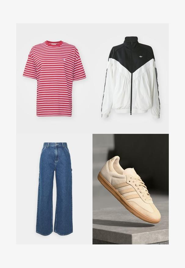 Jachetă albă și neagră cu fermoar, cu un guler înalt, având un design în zig-zag, manșete elastice și dungi laterale. Material ușor, stil sportiv.; Carhartt WIP BRYNA - Tricou cu imprimeu - tuscany/white; Pantaloni din denim albastru cu talie înaltă și picioare largi, cu o cusătură contrastantă și buzunare laterale, având un design clasic cu cinci buzunare și margini brut.; Sneaker din suède bej deschis, cu talpă din cauciuc, trei dungi diagonale și o capacă texturată pentru degete. Prezintă logo pe limbă și pe lateral.