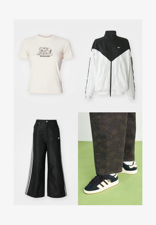 Λευκή και μαύρη ζακέτα με φερμουάρ και ψηλό γιακά, διακοσμημένη με σχέδιο ζιγκ-ζαγκ, ελαστικούς μανικιών και πλάγιες ρίγες. Ελαφρύ ύφασμα, αθλητικό στυλ.; Ριγέ κρεμ κοντομάνικο μπλουζάκι με μαύρη γραφική εκτύπωση αλόγων και ενός ατόμου, με το κείμενο "DICKIES" κάτω από την εικονογράφηση.; Μαύρο τζιν παντελόνι με φαρδιά πόδια, με τρεις λευκές ρίγες σε κάθε πλευρά και ένα μικρό λευκό λογότυπο. Διαθέτει εμπρόσθιες τσέπες και κούμπωμα με κουμπί.; Μαύροι και σχεδιασμένοι παντελόνες συνδυασμένοι με ναυτικές σουέτ αθλητικά παπούτσια με κρεμ λωρίδες και λευκά πέλματα. Οι επιφάνειες που εμφανίζονται είναι υφασμένες και επίπεδες.