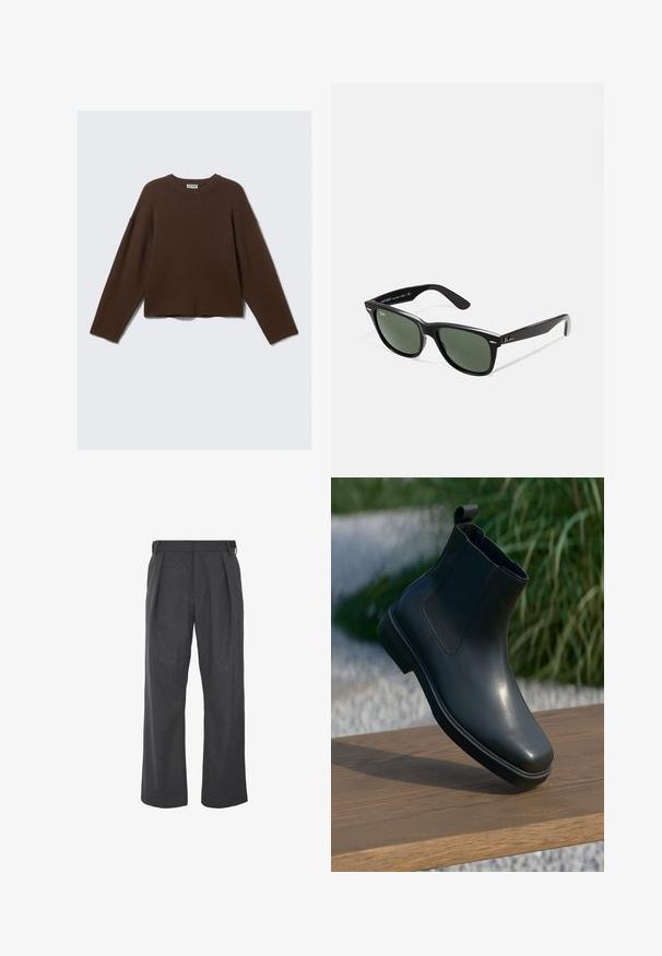 Sort letvægtsjakke med krave, front lynlås, sidelommer og elastisk talje. Glat, mat tekstur.; Mørkebrun langærmet strikket crewneck sweater med afslappet pasform og ribbet krave, præsenteret på en ensfarvet lys baggrund.; Vide ben bukser i mørkegrå stof, med en glat tekstur, plisseret front og justerbare sidebånd for pasform.; Sort læder ankelstøvle med en glat overflade, elastiske sider og et løkkeagtigt trækstrop, der hviler på en træoverflade mod en sløret baggrund.; Sorte plastiksolkaber med grønne linser, firkantede stel, sølvaccent på brynene og teksturerede templede arme. Angivet mærke på den indre arm.