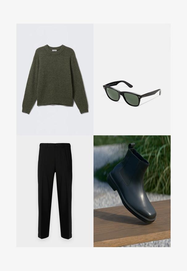 Sort letvægtsjakke med krave, front lynlås, sidelommer og elastisk talje. Glat, mat tekstur.; Oliven grøn strikket sweater med rund hals, lange ærmer og ribbede manchetter. Blød tekstur og afslappet pasform, med en let cropped talje.; Sorte bukser lavet af glat stof, med lige snit, to forlommer og lynlås med knaplukning.; Sort læder ankelstøvle med en glat overflade, elastiske sider og et løkkeagtigt trækstrop, der hviler på en træoverflade mod en sløret baggrund.; Sorte plastiksolkaber med grønne linser, firkantede stel, sølvaccent på brynene og teksturerede templede arme. Angivet mærke på den indre arm.