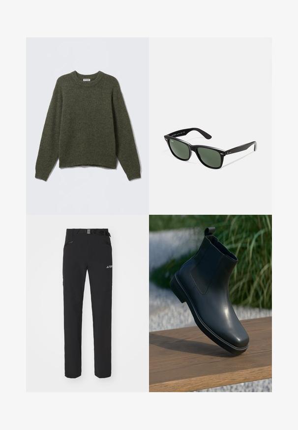 Sort letvægtsjakke med krave, front lynlås, sidelommer og elastisk talje. Glat, mat tekstur.; Oliven grøn strikket sweater med rund hals, lange ærmer og ribbede manchetter. Blød tekstur og afslappet pasform, med en let cropped talje.; Sorte udendørsbukser med glat stof, sidelommer med lynlås, forstærkede knæsektioner og en justerbar talje med spænde.; Sort læder ankelstøvle med en glat overflade, elastiske sider og et løkkeagtigt trækstrop, der hviler på en træoverflade mod en sløret baggrund.; Sorte plastiksolkaber med grønne linser, firkantede stel, sølvaccent på brynene og teksturerede templede arme. Angivet mærke på den indre arm.