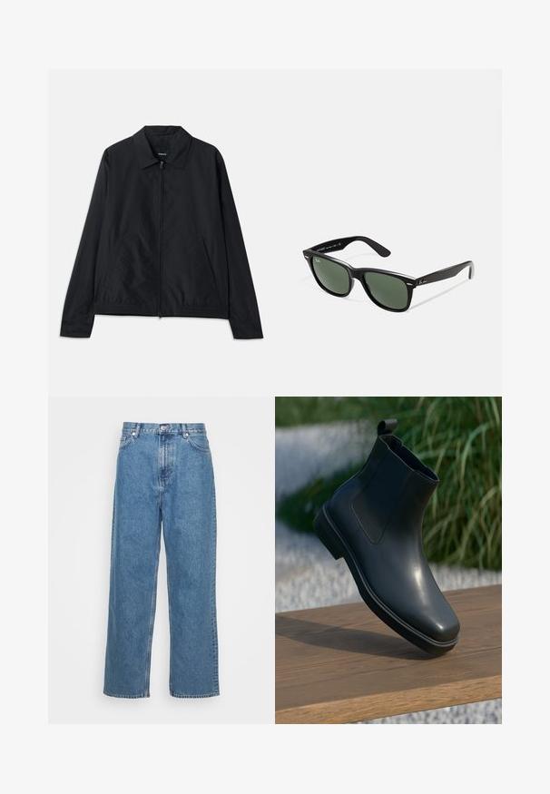 Svart lättviktsjacka med krage, framzip och sidofickor, samt resår i midjan. Slät, matt yta.; Vit långärmad t-shirt med rund halsringning, tillverkad av mjukt tyg, med avslappnad passform och utan synliga logotyper eller mönster.; Weekday GALAXY LOOSE STRAIGHT UNISEX - Löst sittande jeans - blue; Svart läderankelboot med en slät yta, elastiska sidor och en ögla för att dra, vilande på en träytan mot en suddig bakgrund.; Svarta plastsolglasögon med gröna linser, fyrkantiga bågar, silverdetalj på ögonbrynet och texturerade skalmar. Angiven märkning på den inre skalmen.