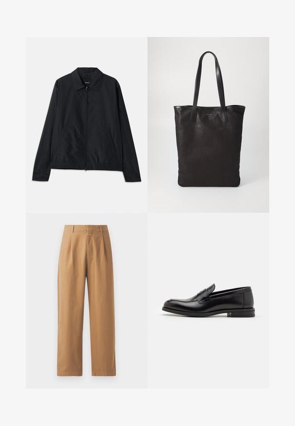 Črna lahka jakna s ovratnikom, sprednjim zadrgo, stranskimi žepi in elastičnim pasom. Gladka, mat tekstura.; Ravna bela kratka majica s kratkimi rokavi in ohlapnim krojem, položena na svetlo sivi podlagi.; Rjave hlače širokih nogavic iz gladkega materiala. Imajo visok pas s pregibi, zankami za pas in eno sprednjo žep.; Črne usnjene loafer čevlje z gladko teksturo, zaobljenim nosom in dekorativnim trakom čez zgornji del. Nizka zložena peta, minimalističen dizajn.; Črna platnena torba s črnimi usnjenimi ročaji. Preprost dizajn, prostorna notranjost in gladka tekstura. Brez vidnih logotipov ali vzorcev.