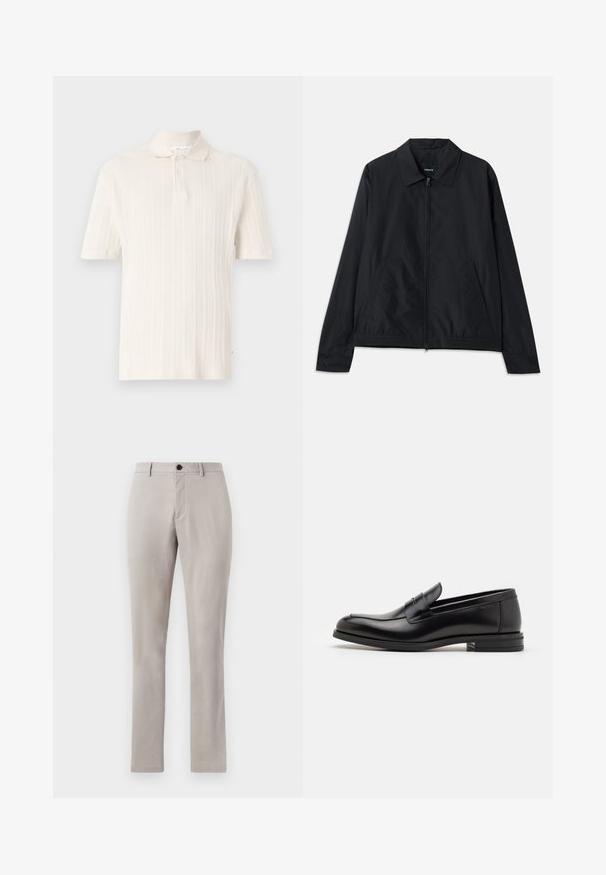 Czarna, lekka kurtka z kołnierzykiem, z przodu na zamek, bocznymi kieszeniami i elastycznym pasem. Gładka, matowa tekstura.; Koszula polo z krótkim rękawem w miękkim kremowym materiale z pionowym prążkowanym wzorem, wyposażona w klasyczny kołnierzyk i zapięcie na dwa guziki.; Jasnoszare, dopasowane spodnie o gładkiej fakturze, z zapięciem na guzik i prostymi nogawkami. Bez widocznych kieszeni i wzorów.; Czarne skórzane mokasyny o gładkiej fakturze, zaokrąglonym nosku i dekoracyjnym pasku na przodzie. Niski, warstwowy obcas, minimalistyczny design.