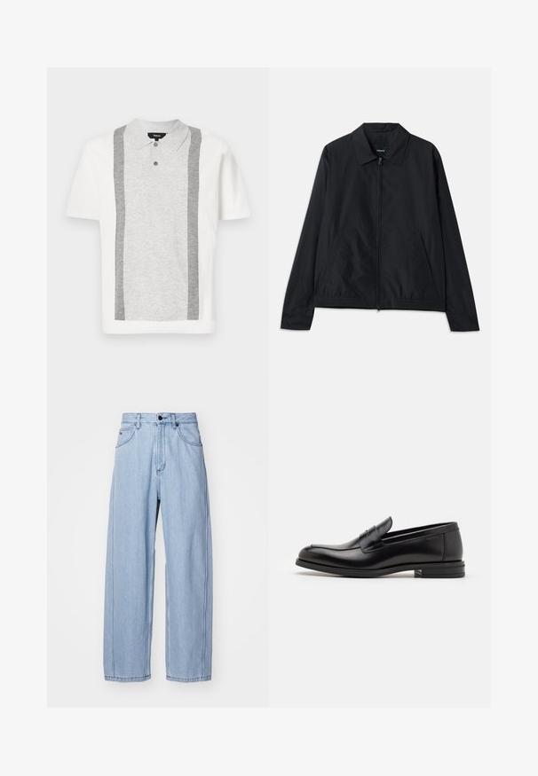 Černá lehká bunda s límečkem, předním zipem, bočními kapsami a elastickým pasem. Hladká, matná textura.; Theory INTARSIA - Polotričko - white; Světle modré džíny z denimu s širokým střihem, které mají přední kapsy, zapínání na knoflík a podrobné prošívání podél švů.; Černé kožené polobotky s hladkou texturou, zaoblenou špičkou a zdobným páskem přes nárt. Nízký stohovaný podpatek, minimalistický design.