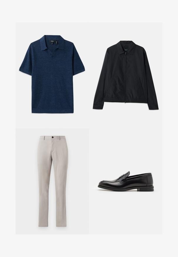 Jachetă ușoară neagră cu guler, închidere cu fermoar frontal, buzunare laterale și talie elastică. Textură netedă, mată.; Polo de culoare bleumarin, cu mâneci scurte, de tip v-neck, dintr-un material texturat, cu guler plat. Prezintă un model subtil pe întreaga suprafață.; Pantaloni gri deschis, îmbrăcați, cu o textură netedă, având un închidere cu buton și picioare drepte. Fără buzunare vizibile sau modele.; Mocasini din piele neagră cu o textură netedă, vârf rotund și o curea decorativă peste partea superioară. Toc mic, design minimalist.