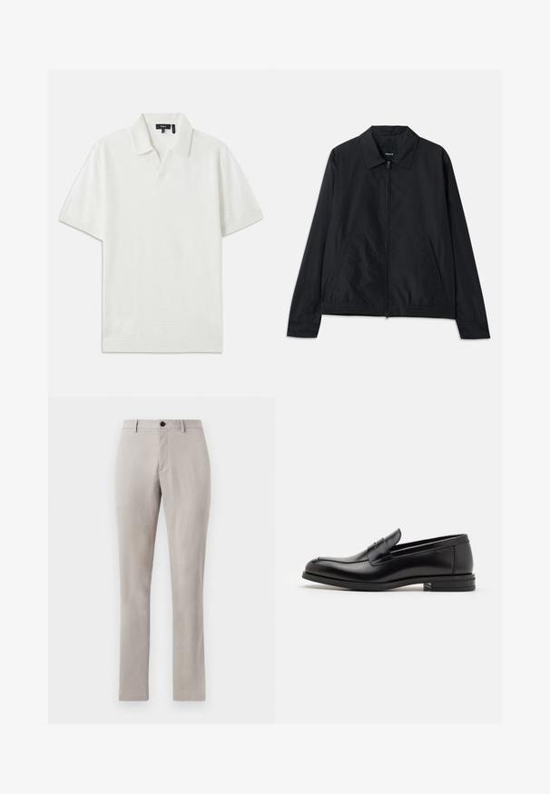 Zwarte lichtgewicht jas met een kraag, ritsluiting aan de voorkant, zijzakken en elastische tailleband. Glad, matte textuur.; Witte polo met korte mouwen, voorzien van een textuurpatroon, V-hals en zachte stof. Heeft subtiele, nette lijnen en een relaxte pasvorm.; Lichtgrijze, op maat gemaakte broek met een gladde textuur, voorzien van een knoopsluiting en rechte pijpen. Geen zichtbare zakken of patronen.; Zwarte leren instappers met een gladde textuur, ronde neus en een decoratieve band over de wreef. Lage, gestapelde hak en minimalistisch ontwerp.