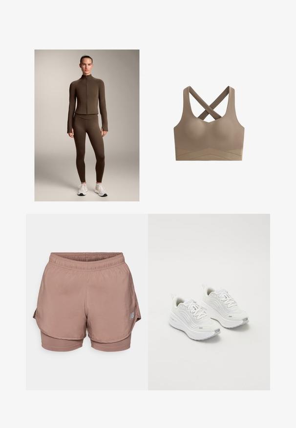 Smeđa uska atletska jakna i tajice izrađene od rastezljivog materijala, s visokim ovratnikom i patentnim zatvaračem sprijeda, u kombinaciji s bijelim atletskim tenisicama.; Smeđi sportski grudnjak s bešavnim dizajnom, strukiranim leđnim trakama i teksturiranim pojasom s cik-cak uzorkom na dnu.; Svijetloružičaste atletske kratke hlače imaju elastičnu traku u struku, slojeviti dizajn i reflektirajući logotip sa strane. Glatka tkanina.; Bijele sportske tenisice s teksturiranim mrežastim gornjim dijelom, podstavljenom potplatom i suptilnim sivim naglascima. Uključuju brendiranje i petlju na peti za lakše obuvanje.