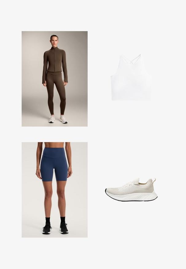 Rjava prilegajoča atletskajaka in leggingi iz raztegljivega materiala, z višjim ovratnikom in zadrgo spredaj, v kombinaciji z belimi atletskimi čevlji.; Bela atletska crop majica z visokim ovratnikom in dvema križnima trakoma na hrbtni strani, izdelana iz gladkega in raztegljivega materiala.; Visoko pasovi mornarsko modri šorti iz raztegljive tkanine z gladko teksturo, ki imajo prilegajoč kroj in segajo do sredine stegen.; Atletski copat v obliki oblaka bele barve z teksturirano pletenino in fleksibilnim podplatom, ki ima dekorativne vezalke in zanko na hrbtni strani.