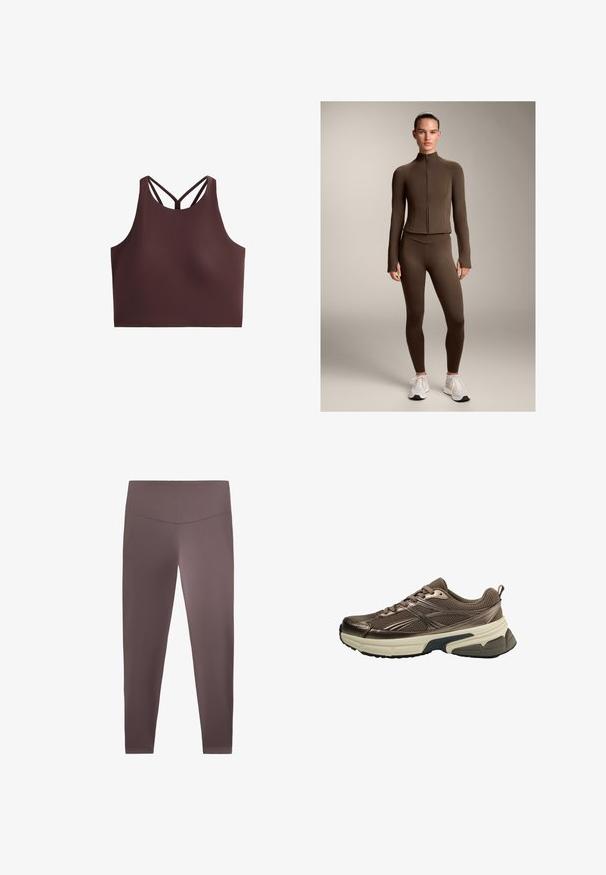 Barna, testhezálló sportdzseki és leggings rugalmas anyagból, magas gallérral és cipzárral, fehér sportcipővel párosítva.; Barna sport cropped top magas nyakkal, vékony pántokkal, amelyek X alakzatot alkotnak a háton, sima, nyújtható anyagból készült.; Barna leggings sima, rugalmas textúrával és magas derékkal. Feszes fazon, amely a bokaig ér. Nincsenek látható minták.; Barna sportcipő, hálós felsőrésszel, fémes díszítésekkel, vastag fehér középtalppal és texturált fekete talppal. Fűzős, és hátul húzófüle is van.