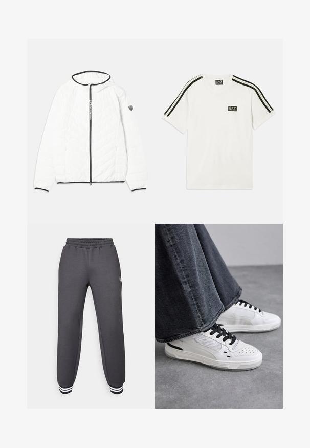 Hvit quiltet jakke med hette, svart glidelås og kontrasterende svart kant langs kanten og mansjettene. Har logo detalj på ermene.; Hvit bomull T-skjorte med rund hals, korte ermer, svarte aksentstriper på skuldrene og en liten EA7-logo på brystet.; Grå joggebukser laget av et mykt stoff med en tettsittende passform, elastisk midje og svarte og hvite striper på mansjettene. Har logo detalj på siden.; Hvite sneakers med svarte lisser og mesh-detaljer. Har en glatt læroverdel og en teksturert gummisåle. Kombinert med vide gråjeans.