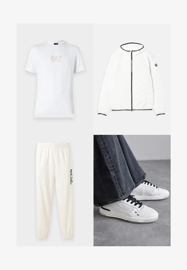 Baltas siuvinėtas džemperis su gobtuvu, juoda užtrauktuku ir kontrastinga juoda apdaila palei apačią ir rankoves. Yra logotipo detalė ant rankovės.; Balta medvilninė marškinėlių su apvaliu kaklu ir trumpomis rankovėmis, priekyje spausdintas auksinis EA7 Emporio Armani logotipas.; Šviesiai smėlinės spalvos sportinės kelnės su elastine juosta ir elastiniais rankogaliais. Kairėje kojoje yra juodai spausdintas logotipas. Minkšta audinio tekstūra.; Balsuoti baltieji sportbačiai su juodomis raištelėmis ir tinklo detalėmis. Turintys lygią odinę viršutinę dalį ir tekstūruotą gumos padą. Su plačiais pilkais džinsais.