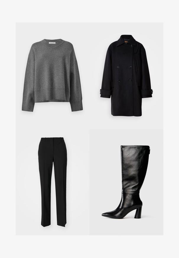 Czarny wełniany płaszcz dwurzędowy z klapami, dużymi guzikami, bocznymi kieszeniami i detalami mankietów. Gładka tekstura i minimalistyczny design.; Szary sweter z dzianiny z dekoltem w serek, ribbowymi mankietami i wykończeniem dolnym. Posiada obniżone ramiona i luźny, kwadratowy krój. Miękka faktura.; Czarne spodnie o dopasowanym kroju z prostymi nogawkami, o gładkiej fakturze i wyraźnych zagięciach z przodu. Bez widocznych elementów metalowych.; Czarny skórzany but do kolan z ostro zakończonym noskiem, gładką fakturą i grubym obcasem. Posiada zamek z tyłu.
