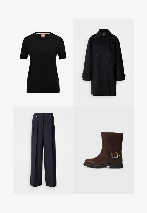 Černý vlněný dvouřadý kabát s klopovým límcem, velkými knoflíky, bočními kapsami a detaily na rukávech. Hladká textura a minimalisticý design.; Černé tričko s krátkým rukávem vyrobené z lehké tkaniny, s kulatým výstřihem a jemnou texturou; logo BOSS na vnitřním štítku.; Kalhoty se širokými nohavicemi z tmavé látky, s dvěma předními sklady, vysokým pasem a zlatavými knoflíkovými detaily vpředu.; Hnědé daimové kotníkové boty s kulatou špičkou, plochou černou podrážkou a zlatou sponou na boku. Hladká textura a jednoduchý design.