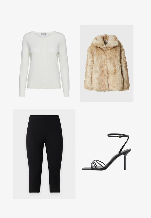 Valkoinen tekoturkistakki vaaleassa beigevärissä, joka on pehmeä ja tiheä rakenne, jossa on huppu ja leveät hihat. Suora pinta, jossa on pörröinen ilme.; Valkoinen neuletakki, jossa on pitkät hihat, pyöreä pääntie ja nappikiinnitys edessä. Ominaisuuksina pehmeä rakenne sekä ribbireunat hihoissa ja helmassa.; Valkoinen hihaton paita, joka on valmistettu pehmeästä, joustavasta kankaasta, jossa on pyöreä kaula-aukko ja kapeat olkaimet. Sisältää sileän pinnan ja vartaloa myötäilevän muotoilun.; Mustat capri-legginssit, jotka on valmistettu joustavasta materiaalista, tiukalla istuvuudella ja sileällä pinnalla, ilman voimakkaita kuvioita tai yksityiskohtia.; Mustat korkokengät, joissa on ohut nilkkaremmi, useita ristikkäisiä remmejä jalan päällä ja tyylikäs neliönmuotoinen varvasdesign.