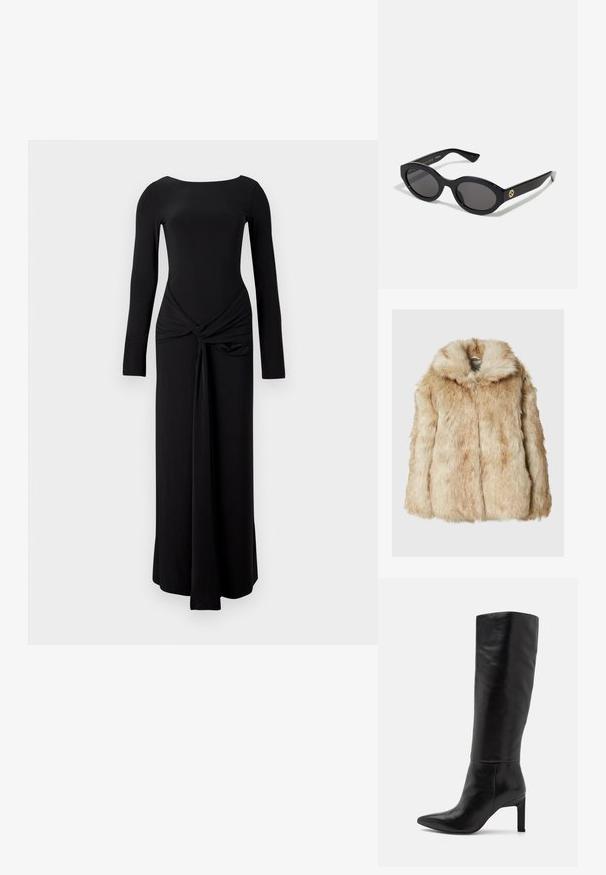 Veste en fausse fourrure beige clair, avec une texture douce et dense, dotée d'une capuche et de manches larges. Fini lisse avec une apparence duveteuse.; Robe longue noire à manches longues avec un buste ajusté, un col rond et un détail noué à la taille, se déclinant en une silhouette droite.; Bottes noires en cuir à talons aiguilles, montant jusqu'au genou, avec une pointe fine et une texture lisse. Le talon est de style bloc, ajoutant de la stabilité au design.; Lunettes de soleil ovales noires avec des verres sombres et une monture en plastique brillant. Présente un logo doré sur la branche, offrant un design épuré et moderne.