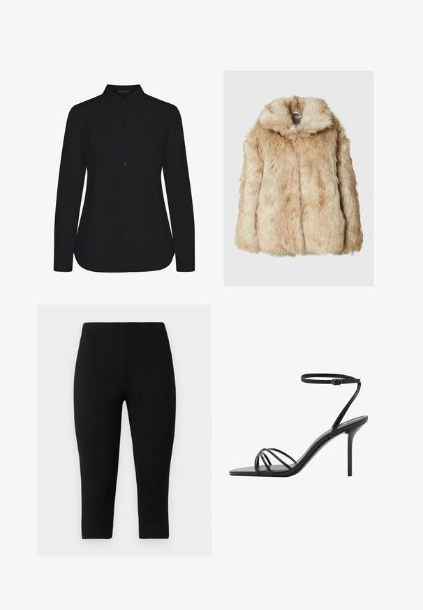 Faux fur jacket in light beige with a soft, dense texture, featuring a hood and wide sleeves. Smooth finish with a fluffy appearance.; Black long-sleeve shirt made of smooth fabric, featuring a collared neck, front button closure, and a straight hem.; Black capri leggings made of stretchy material, featuring a snug fit and smooth texture, with no prominent patterns or accents.; Black high-heeled sandal featuring a thin ankle strap, multiple crisscross straps over the foot, and a sleek square toe design.