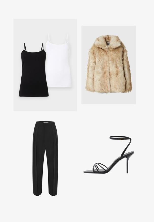 Giacca in pelliccia sintetica di un beige chiaro con una consistenza morbida e densa, dotata di cappuccio e maniche larghe. Finitura liscia con un aspetto soffice.; Camisole da donna a spaghetto, neri e bianchi, esposti affiancati su uno sfondo bianco.; Pantaloni neri a gamba larga con vita alta, caratterizzati da una texture liscia e due pieghe frontali. Progettati con una forma pulita e sartoriale.; Sandal nero con tacco alto caratterizzato da una sottile cinghia alla caviglia, multiple cinghie incrociate sulla pianta e un design elegante con punta quadrata.