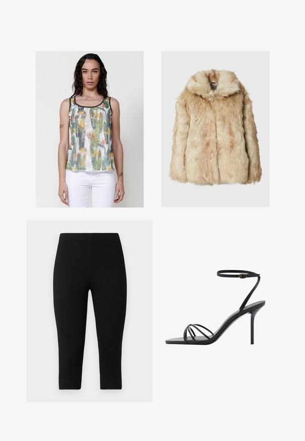 Kurtka z sztucznego futra w jasnym beżu o miękkiej, gęstej teksturze, z kapturem i szerokimi rękawami. Gładkie wykończenie z puszystym wyglądem.; Top bez rękawów w kwiatowy wzór z cekinami, z zielonymi i pomarańczowymi akcentami na białym tle. Okrągły dekolt i dopasowany krój.; Czarne legginsy capri wykonane z elastycznego materiału, o dopasowanym kroju i gładkiej fakturze, bez wyraźnych wzorów czy akcentów.; Czarne sandały na wysokim obcasie z cienkim paskiem wokół kostki, wieloma krzyżującymi się paskami na stopie oraz eleganckim kwadratowym noskiem.