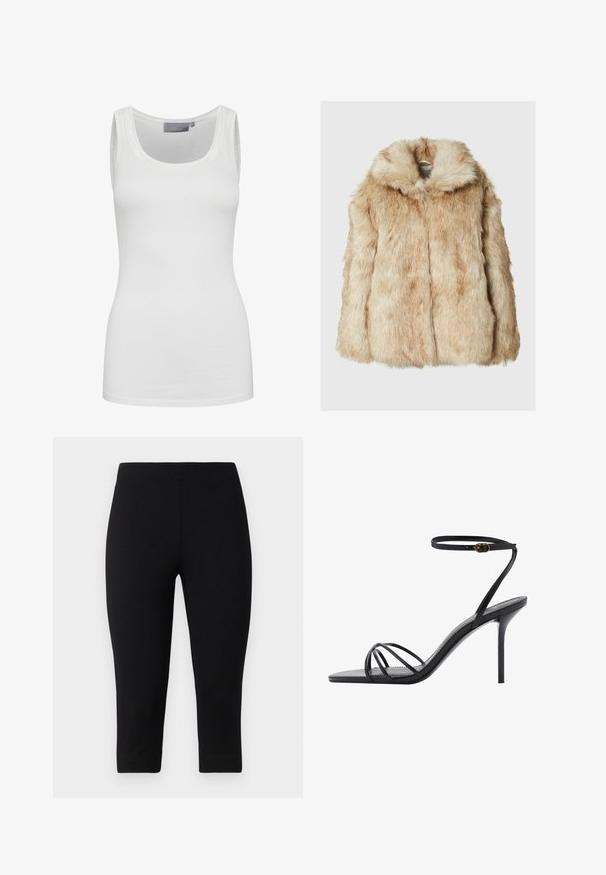 Lažni krzneni kaput u svijetloj bež boji s mekanom, gustu teksturu, s kapuljačom i širokim rukavima. Glatka površina s pahuljastim izgledom.; Bijela majica bez rukava od mekog, rastezljivog materijala s okruglim izrezom i uskim trakama. Ima glatku teksturu i prilagođen dizajn.; Crnecapri tajice od rastezljivog materijala, koje su uskog kroja i glatke teksture, bez istaknutih uzoraka ili detalja.; Crne sandale na visokom petu s tankim remenom oko gležnja, višestrukim ukrštenim trakama preko stopala i elegantnim kvadratnim vrhom.