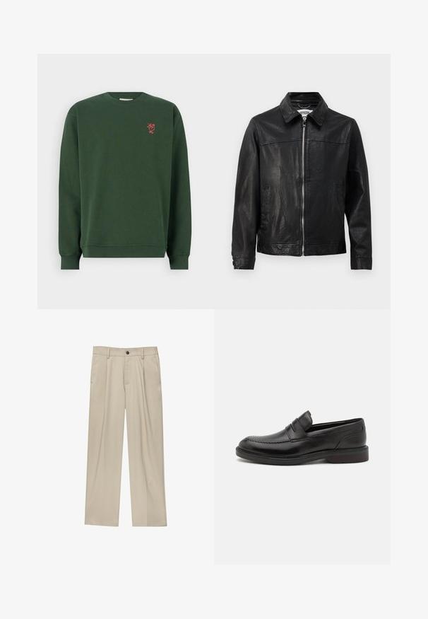 Svart läderjacka med krage, främre dragkedja och sidofickor. Slät yta med minimala sömnadsdetaljer.; Mörkgrön bomullströja med långa ärmar, ribbade muddar och rund hals. Har en liten röd broderad design på bröstet.; Beiga byxor med rak passform, utrustade med en enda svart knapp, bältesöglor och sidofickor. Slät tygkänsla och minimalistisk design.; Svarta läderloafers med en stickad tådetalj, två horisontella remmar över foten och en träklack. Slät textur och rund form.