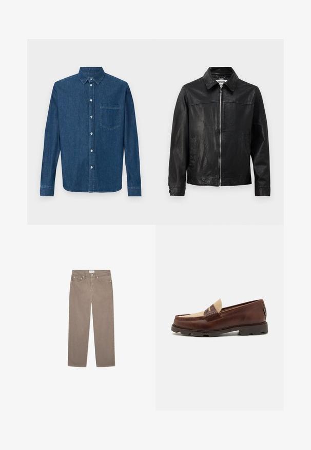 Jachetă din piele neagră cu guler, fermoar frontal și buzunare laterale. Textură netedă cu detalii de cusătură minime.; Cămașă din denim de culoare albastru închis, cu mâneci lungi, deschidere cu nasturi în față, guler și un singur buzunar pe piept. Prezintă o textură netedă și o croială standard.; Top din bumbac alb, cu decolteu rotund, bretele late și margine dreaptă, având o textură fină și fără modele vizibile.; Jeans drepti maro, cu un design cu cinci buzunare, accesorii metalice și o textură netedă. Țesătura are un model subtil și uniform.; Loaferi din piele maro cu un accent din pânză taupe, detalii cusute și o talpă din cauciuc texturat, proiectați pentru confort și durabilitate.