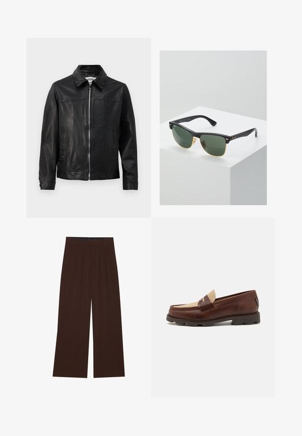 Zwarte leren jas met een kraaghalslijn, ritssluiting aan de voorkant en zijzakken. Glad textuur met minimale stikseldetails.; Witte katoenen tanktop met een ronde halslijn, brede schouderbanden en een rechte zoom, met een gladde textuur en zonder zichtbare patronen.; Bruine wijde broek met plooien. Gemaakt van een gladde stof, met een op maat gemaakt tailleband en zijzakken. Rechte zoom aan de onderkant.; Bruine leren instappers met een taupe canvasaccent, gestikte details en een gestructureerde rubberen zool die is ontworpen voor comfort en duurzaamheid.; Ray-Ban zonnebrillen met groene lenzen, zwarte plastic monturen en gouden accenten aan de randen. Vierkante vorm met een matte afwerking.