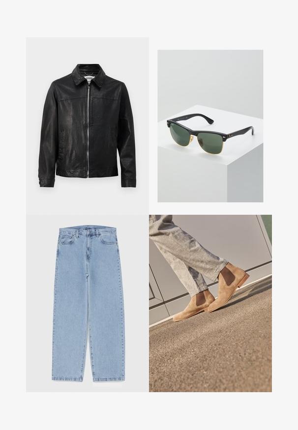 Jachetă din piele neagră cu guler, fermoar frontal și buzunare laterale. Textură netedă cu detalii de cusătură minime.; Top din bumbac alb, cu decolteu rotund, bretele late și margine dreaptă, având o textură fină și fără modele vizibile.; Jeans din denim de culoare albastru deschis, cu un design cu picioare drepte, având talie medie, cinci buzunare și un sistem de închidere cu nasture și fermoar.; Bocanci Chelsea din suede maro, cu panouri elastice pe lateral și o talpă din cauciuc neted de culoare bej, purtați alături de pantaloni gri deschis, pe o suprafață texturată.; Ochelari de soare Ray-Ban cu lentile verzi, rame din plastic negru și accente aurii pe margini. Formă pătrată cu un finisaj mat.