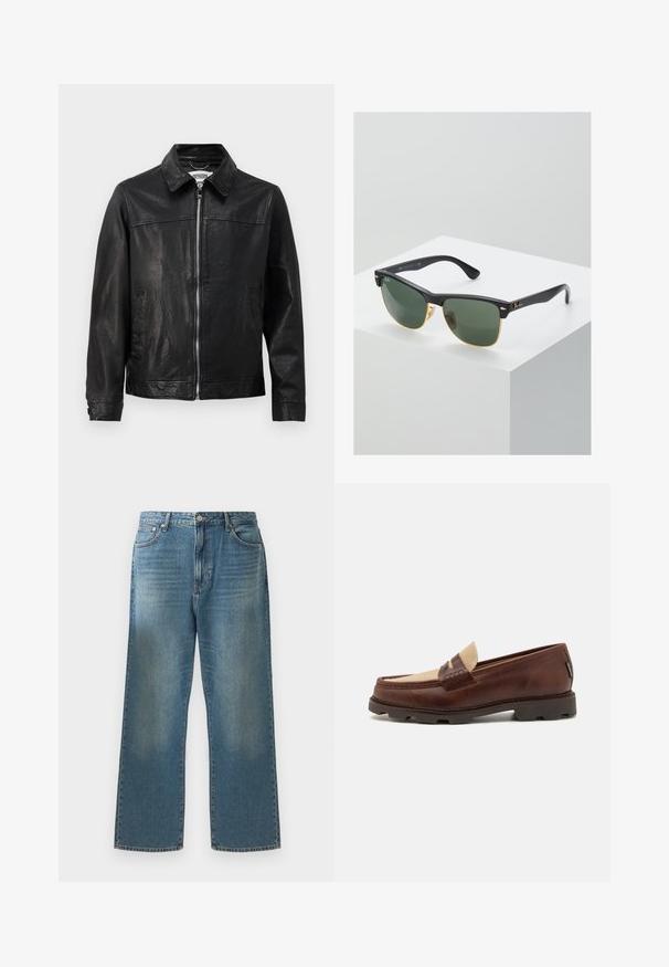 Musta nahkatakki, jossa on kauluskotelo, etuvetoketju ja sivutaskut. Sujuva pinta, jossa on minimaalinen ompelusyksityiskohta.; Valkoinen puuvillainen hihaton paita, jossa on pyöreä kaula-aukko, leveät olkaimet ja suora helma. Paidan tekstuuri on sileä, eikä siinä ole näkyviä kuvioita.; Siniset farkut, joissa on leveä lahje, haalistunut pesu, klassinen viisi-taskumallinen muotoilu ja metallinapp closure vyötäröllä.; Bordeaux nahkahiusut, joissa on harmahtava kangasasennus, tikkausyksityiskohtia ja teksturoitu kumipohja, joka on suunniteltu mukavuutta ja kestävyyttä varten.; Ray-Ban aurinkolasit, joissa on vihreät linssit, mustat muovikehykset ja kultaiset yksityiskohdat reunoilla. Neliön muoto, jossa on mattapinta.