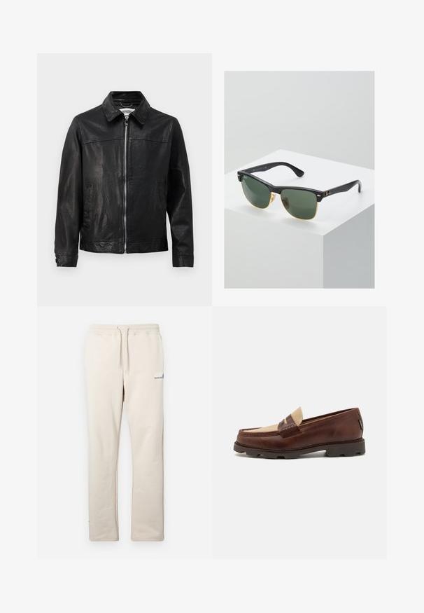 Black leather jacket with a collared neckline, front zipper, and side pockets. Smooth texture with minimal stitching details.; White cotton tank top with a round neckline, wide shoulder straps, and a straight hem, featuring a smooth texture and no visible patterns.; Beige sweatpants made of soft material, featuring an elastic waistband with drawstring, straight legs, and small blue logo detail.; Brown leather loafers with a taupe canvas accent, stitched detail, and a textured rubber sole designed for comfort and durability.; Ray-Ban sunglasses with green lenses, black plastic frames, and gold accents at the edges. Square shape with a matte finish.