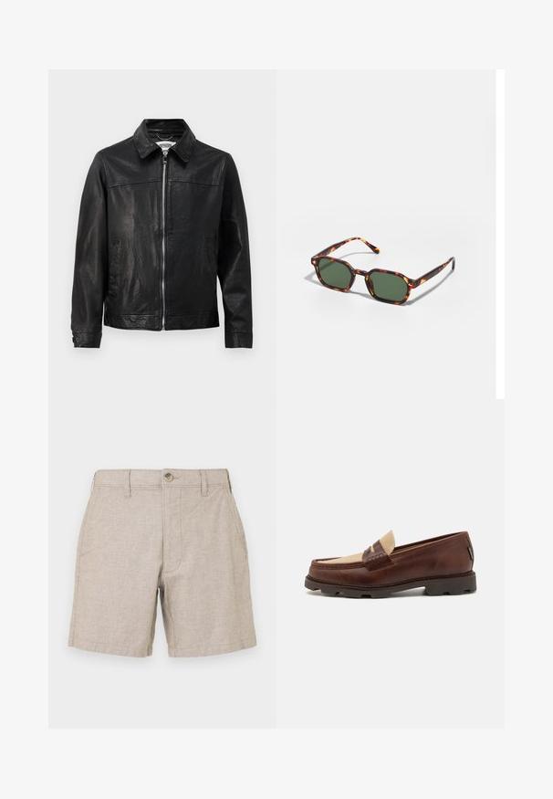Černá kožená bunda s límečkem, předním zipem a bočními kapsami. Hladký povrch s minimem švů.; Bílý bavlněný top na ramínka s kulatým výstřihem, širokými ramínky a rovním lemem, s hladkou texturou a bez viditelných vzorů.; Béžové lněné šortky se plochým předním dílem, dvěma bočními kapsami a jedním zapínáním na knoflík. Tkanina má jemnou strukturu a je lehká.; Hnědé kožené mokasíny s taupe plátěným akcentem, prošívanými detaily a texturovanou gumovou podrážkou navrženou pro pohodlí a odolnost.; Kočičí brýle v barvě želvoviny se zelenými skly, s osmiúhelníkovým tvarem a úzkými, zakřivenými stranami. Materiál má lesklý povrch.