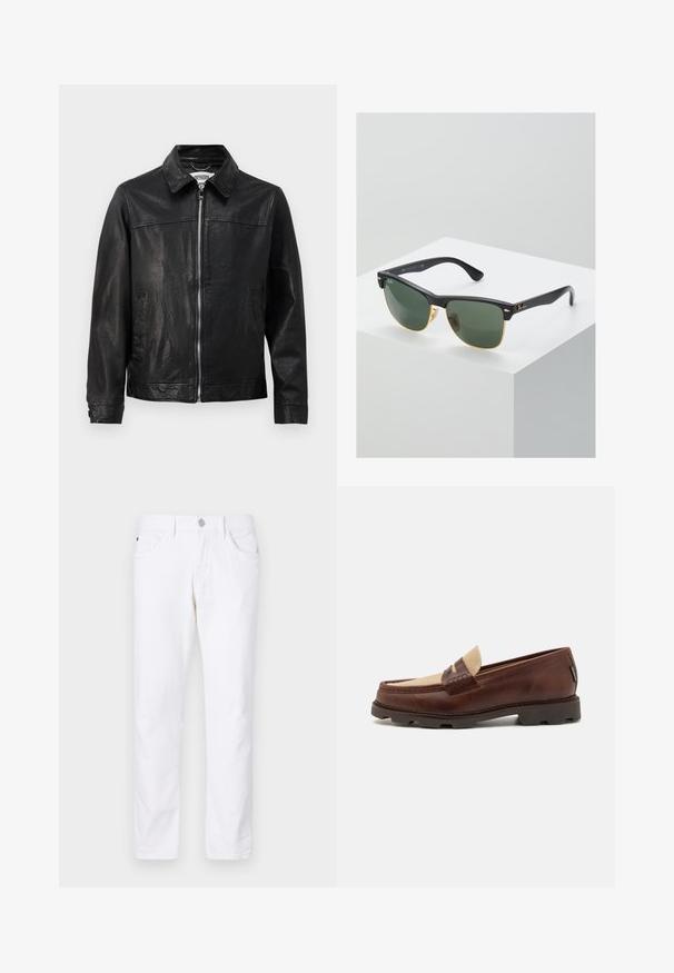 Musta nahkatakki, jossa on kauluskotelo, etuvetoketju ja sivutaskut. Sujuva pinta, jossa on minimaalinen ompelusyksityiskohta.; Valkoinen puuvillainen hihaton paita, jossa on pyöreä kaula-aukko, leveät olkaimet ja suora helma. Paidan tekstuuri on sileä, eikä siinä ole näkyviä kuvioita.; Valkoiset puuvillahammasteet, joissa on suora lahkeen muotoilu, napillinen sulkeminen, viisi taskua ja hienovaraiset ompelutiedot.; Bordeaux nahkahiusut, joissa on harmahtava kangasasennus, tikkausyksityiskohtia ja teksturoitu kumipohja, joka on suunniteltu mukavuutta ja kestävyyttä varten.; Ray-Ban aurinkolasit, joissa on vihreät linssit, mustat muovikehykset ja kultaiset yksityiskohdat reunoilla. Neliön muoto, jossa on mattapinta.