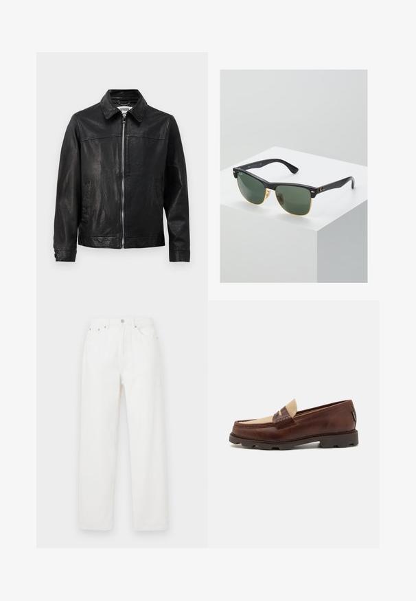 Černá kožená bunda s límečkem, předním zipem a bočními kapsami. Hladký povrch s minimem švů.; Bílý bavlněný top na ramínka s kulatým výstřihem, širokými ramínky a rovním lemem, s hladkou texturou a bez viditelných vzorů.; Bílé denimové kalhoty s volným střihem, s pěti kapsami, předním zapínáním na knoflík a rovnými nohavicemi. Hladká textura, bez viditelných vzorů.; Hnědé kožené mokasíny s taupe plátěným akcentem, prošívanými detaily a texturovanou gumovou podrážkou navrženou pro pohodlí a odolnost.; Sluneční brýle Ray-Ban se zelenými skly, černými plastovými rámy a zlatými akcenty na okrajích. Čtvercový tvar s matným povrchem.