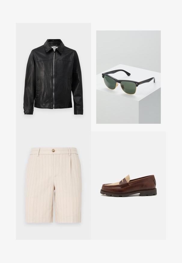 Black leather jacket with a collared neckline, front zipper, and side pockets. Smooth texture with minimal stitching details.; White cotton tank top with a round neckline, wide shoulder straps, and a straight hem, featuring a smooth texture and no visible patterns.; Beige shorts made of a lightweight fabric, featuring a pinstripe pattern, a front button closure, and side pockets.; Brown leather loafers with a taupe canvas accent, stitched detail, and a textured rubber sole designed for comfort and durability.; Ray-Ban sunglasses with green lenses, black plastic frames, and gold accents at the edges. Square shape with a matte finish.