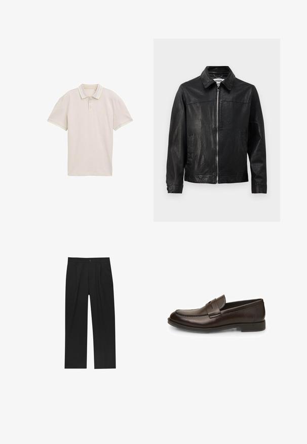 Čierna kožená bunda s golierom, predným zipsom a bočnými vreckami. Hladká textúra s minimálnymi švovými detailmi.; Béžový polo tričko s krátkymi rukávmi, s tri-tlačidlovou lištou a kontrastnými pastelovými pruhmi na golieri a koncoch rukávov. Ľahký materiál.; Čierne nohavice s rovnými nohavicami, vyrobené z hladkej tkaniny. Majú predné puky a jediné gombíkové zapínanie v páse.; Hnedé kožené mokasíny s hladkou textúrou, okrúhlou špičkou a šitými detailami. Majú nízky, vrstvený podpätok a dizajn na obúvanie.