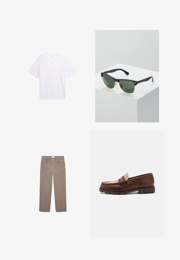 Juodas odinis švarkas su apykakle, priekinėmis užtrauktukų kišenėmis ir šoninėmis kišenėmis. Lygus paviršius su minimaliais siuvimo akcentais.; Balta V formos marškinėliai, pagaminti iš lengvo medvilnės. Trumpomis rankovėmis ir laisvu siluetu. Lygus tekstūros paviršius be grafikinių raštų ar akcentų.; Rudos tiesių kojų džinsai su penkių kišenių dizainu, metaliniais aksesuarais ir lygiu paviršiumi. Medžiaga turi subtilų, tolygų raštą.; Rudi odiniai loafers su taupe audinio akcentu, siuvinėta detalė ir tekstūruota gumine padu, sukurta komfortui ir ilgaamžiškumui.; Ray-Ban saulės akinių žaliais objektyvais, juodais plastikiniais rėmeliais ir auksinėmis detalėmis ant kraštų. Kvadratinė forma su matinio paviršiaus apdaila.