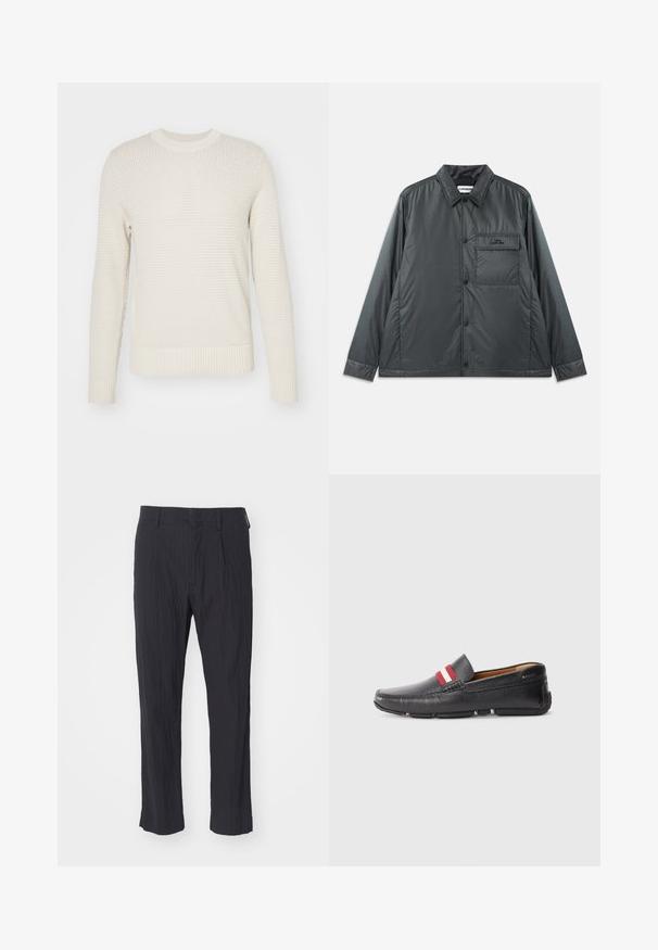 Sötétszürke, könnyű, gombos dzseki, pontszerű gallérral, hosszú ujakkal és egyetlen mellzsebbel. Simaságával és fényes anyagával minimális hardveres részletekkel rendelkezik.; J.LINDEBERG OLIVER STRUCTURE - Pulóver - moonbeam; Fekete pliszírozott nadrág textúrált anyagból, egyenes lábbal és standard derékpánttal. Nincsenek látható zsebek vagy fémalkatrészek.; Fekete bőrcipő, slip-on fazonnal, textúrált felülettel, piros-fehér csíkkal a felsőrészen, lekerekített orral és gumitalppal.