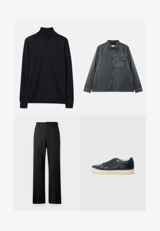 Mörkgrå, lätt, knappad jacka med spetskrage, långa ärmar och en enda bröstficka. Slätt, glänsande tyg med minimal hårdvara.; Svart långärmad tröja med ribbad hög krage och halvmeterdragkedja, med en subtil logo på vänster bröst.; Svarta raka byxor med bälteshällor, framknapp och dragkedja, visade mot en enfärgad vit bakgrund.; Marinblå läder sneakers med krämfärgad gummisula, utrustad med blå snören och en slät yta. Rundad tå och minimalistisk design.