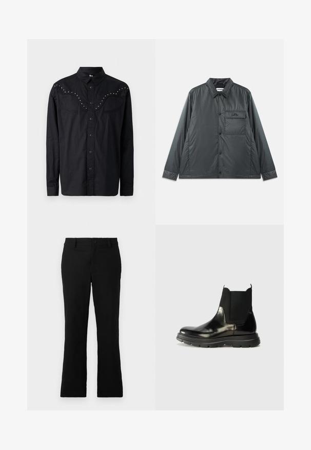 Mørk grå, letvægts, knap-op jakke med en spids krave, lange ærmer og en enkelt brystlomme. Glat, skinnende stof med minimal hardware.; Sort button-up skjorte lavet af et glat stof, med en western-style yoke, metallic nitter, to brystlommer og lange ærmer.; Sorte flagrende bukser lavet af en blanding af bomuldsstof, med knaplukning, bælteløkker og en glat tekstur uden synlige mønstre.; Sorte læder Chelsea støvler med elastiske sidepaneler, en rund tå og en tekstureret gummisål med riller for bedre greb.