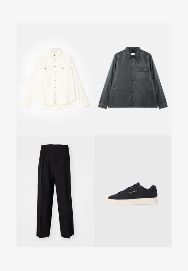 Tumehall, kerge, nupuga jakki, millel on terav krae, pikad varrukad ja üks rinnatasku. Sile, läikiv kangas minimaalse riistvaraga.; Valge kellukese paita, millel on pikad varrukad, kaks rinna taskut, mustad nupud ja kaarjas alläär. Valmistatud pehmest, tekstuurses kangast.; Mustad volditud püksid sirge ja laia säärega disainiga. Valmistatud siledast kangast, millel on nuppudega sulgemine ja vööaasad.; Tumedat sinine seemisnahast madala profiiliga tennis, valge tossutald, tumesinised paelad ning küljes kuldne "Filling Pieces" logo.