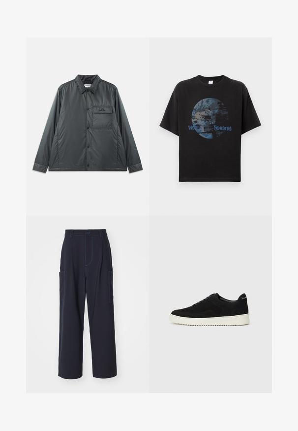 Tummanharmaa, kevyt, napillinen takki, jossa on pistokas kaulus, pitkät hihat ja yksi rintatasku. Sujuva, kiiltävä kangas, jossa on minimaalista varustusta.; Mustapainen ylisuuri t-paita, jossa on pyöreä grafiikka, jossa on teksturoitu sininen maapallo ja teksti "World Hundred" sinisellä, lyhyet hihat, pyöreä kaula-aukko.; Meriiniset cargo-housut sinisillä ompeleilla, joustava vyötärö, kaksi sivutaskua, suora lahje muotoilu ja pehmeä kangas.; Mustat mokkakengät nauhoilla ja kontrastivalkoisella kumipohjalla. Varustettu teksturoiduilla sivupaneeleilla ja huomaamattomalla brändäyksellä kantapäässä.