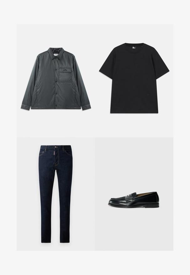 Temno siva, lahka jakna na gumbe s poklopcem, dolgimi rokavi in enim žepom na prsih. Gladek, sijoč material z minimalno strojno opremo.; Črn kratkosleeven majica iz bombaža, z okroglim izrezom in majhnim logotipom pri robu. Gladka tekstura, običajen kroj.; Temno modri jeans z ozkim krojem, ki imajo kontrastno šivanje, zadrgo na gumb in pet žepov. Gladka tekstura in trpežno blago.; Črne usnjene loafer čevlje z teksturirano zgornjico, pletenim poudarkom in gladkim zaključkom. Nizek profil pete in minimalističen dizajn.