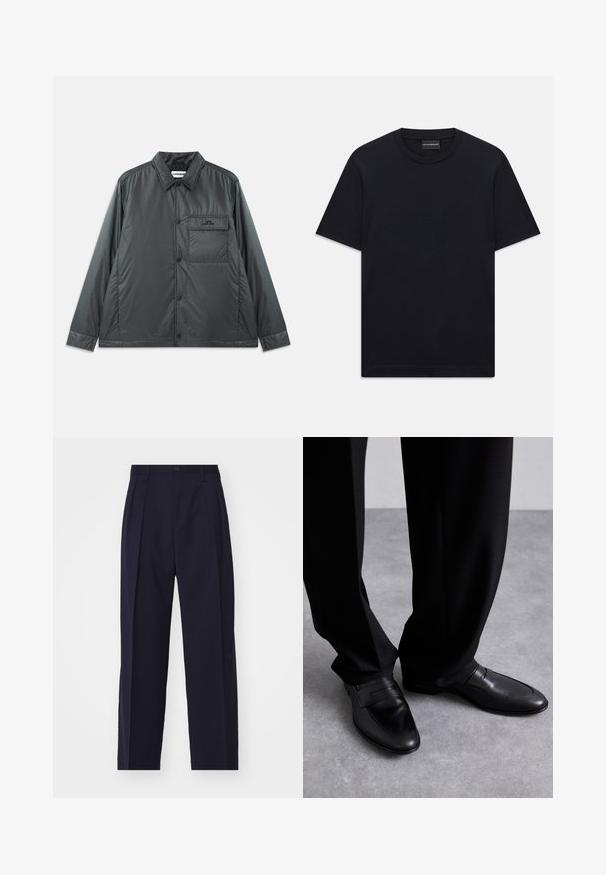 Dark gray, lightweight, button-up jacket with a point collar, long sleeves, and a single chest pocket. Smooth, shiny fabric with minimal hardware.; Black short-sleeve crew neck T-shirt with subtle embossed logo design centered on the chest and a branded tag inside the collar.; Navy blue, tailored trousers with a straight leg design, pleats at the front, button closure, and no visible pockets. Smooth fabric texture.; Black leather loafers with a smooth texture, featuring a sleek design and prominent strap detail, paired with tailored black trousers.