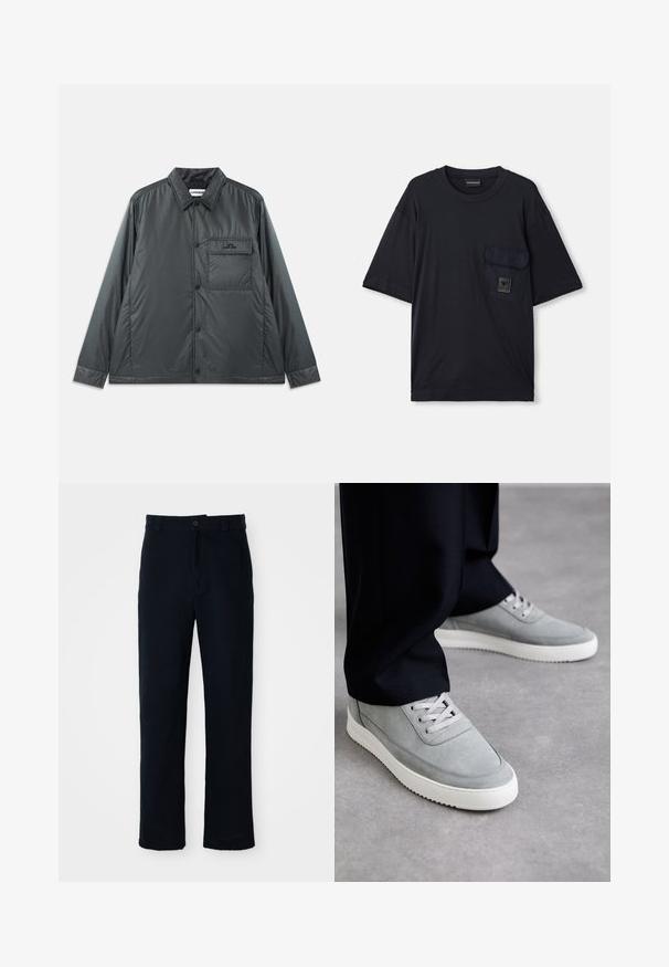 Chaqueta abotonada ligera de color gris oscuro con cuello puntiagudo, mangas largas y un bolsillo en el pecho. Tela suave y brillante con un hardware mínimo.; Camiseta negra de manga corta con cuello redondo y un bolsillo con solapa en el lado izquierdo del pecho, que presenta un pequeño parche rectangular con el logo.; Pantalones azul marino de algodón, con un diseño de pierna recta, cierre frontal de botón y una cintura clásica con pasadores para cinturón.; Zapatillas de ante gris con suelas de goma blanca, que cuentan con un diseño de cordones, punta redondeada y detalles de costura sutiles, llevadas con pantalones negros.