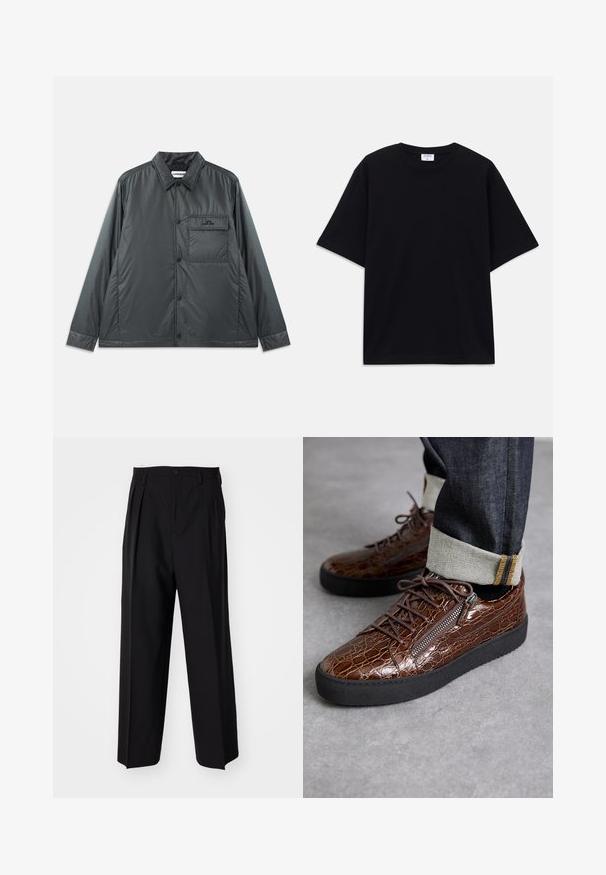 Czarna, lekka, zapinana na guziki kurtka z kołnierzykiem typu point, długimi rękawami i jedną kieszenią na piersi. Gładki, błyszczący materiał z minimalnymi elementami metalowymi.; Czarny, krótki rękaw, oversize'owy T-shirt z okrągłym dekoltem i widoczną metką marki Filippa K wewnątrz kołnierza.; Czarne plisowane spodnie o prostym, szerokim kroju nogawek. Wykonane z gładkiego materiału, z zapięciem na guzik i pętelkami na pasek.; Giuseppe Zanotti MORPHEUS brązowy