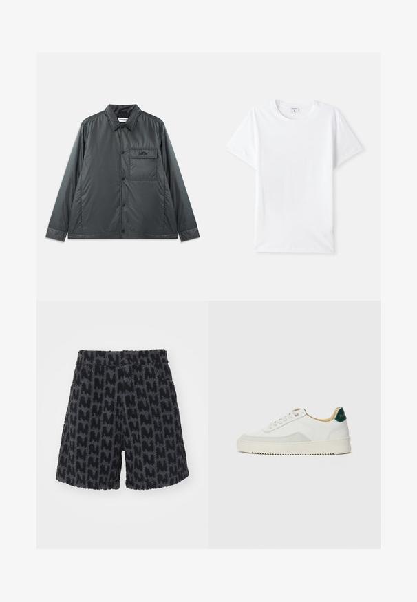 Tmavo šedá, ľahká bunda na gombíky s límcom, dlhými rukávmi a jednou náprsníkou. Hladká, lesklá tkanina s minimálnym kovovým prvkom.; Biely bavlnený tričko, kruhový výstrih, krátke rukávy, hladká textúra, bez vzorov alebo akcentov, jednoduchý dizajn, štandardný strih.; Chlpaté čierne a šedé šortky s textúrovaným vzorom pripomínajúcim písmeno "M." Majú pás s gombíkom a bočné vrecká.; Biele tenisky s semišovými akcentmi, zaoblenou špičkou, plochými šnúrkami a krémovou gumovou podrážkou. Na päte sú zelené značky.