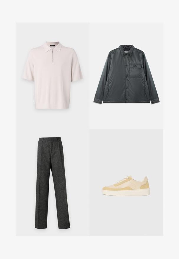 Mørk grå, lett, knappet jakke med spiss krage, lange ermer og en enkel brystlomme. Jevnt, skinnende stoff med minimalt med beslag.; Lys beige kortermet polo med glidelås hals og ribbestrikket kant, laget av mykt strikket stoff. Har en klassisk kragedesign.; Grå skreddersydde bukser laget av teksturert stoff, med to frontpleater og rette ben. Ingen synlige lommer eller dekorasjoner.; Sko i lys gul semsket lær og skinn, med en polstret såle og stiktede detaljer. Klassisk snøring med rund tå.