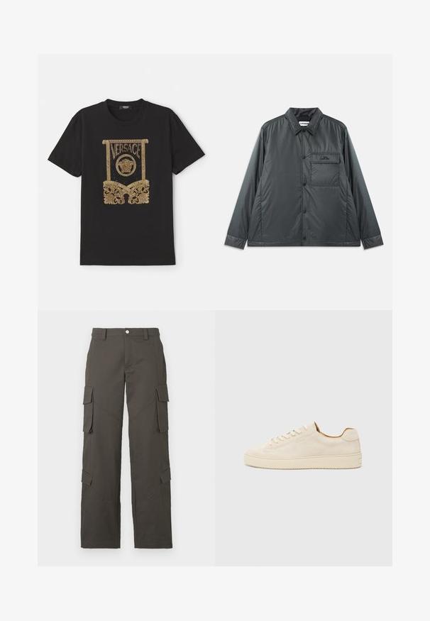 Chaqueta abotonada ligera de color gris oscuro con cuello puntiagudo, mangas largas y un bolsillo en el pecho. Tela suave y brillante con un hardware mínimo.; Camiseta de algodón negra con un gráfico de lentejuelas doradas que presenta el logo "Versace" y diseños ornamentales en la parte inferior y los lados.; Pantalones cargo rectos de color gris oscuro con cierre de botón y cuatro bolsillos con solapa, dos en los muslos y dos cerca de las pantorrillas.; Zapatilla de ante beige con un diseño de corte bajo, puntera redonda, cordones planos y suela de goma texturizada. Estilo minimalista sin logotipos visibles.
